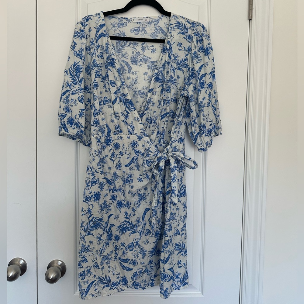 Mango Blue and White Trendy Floral Printed Wrap Dress with Sleeves
